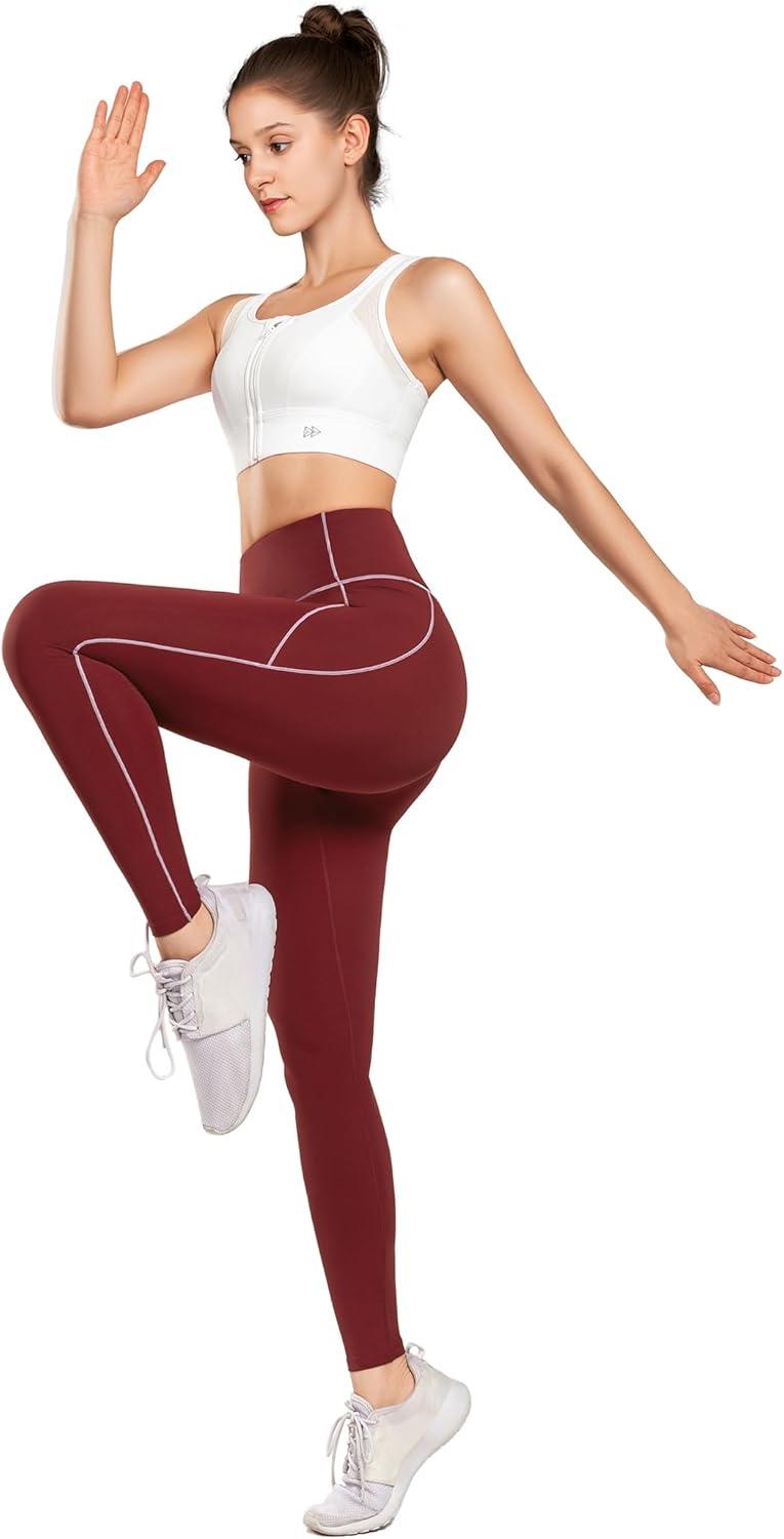 Yvette High Waisted Leggings with Pockets for Women Tummy Control Color Blocking Yoga Pants for Gym Running Workout(Burgundy)