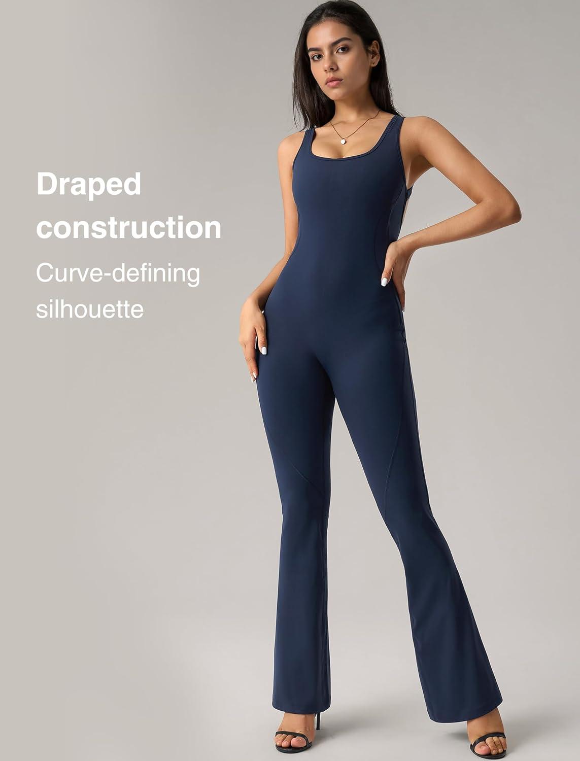 Yvette Women’s Backless Jumpsuits Built in Bra Gym Workout Yoga Rompers Flare Leggings Bodycon Bodysuits(Blue)