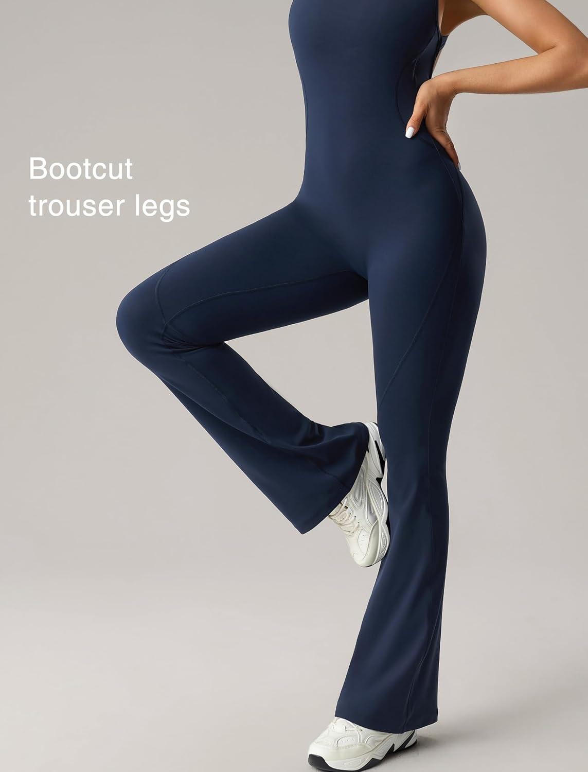 Yvette Women’s Backless Jumpsuits Built in Bra Gym Workout Yoga Rompers Flare Leggings Bodycon Bodysuits(Blue)