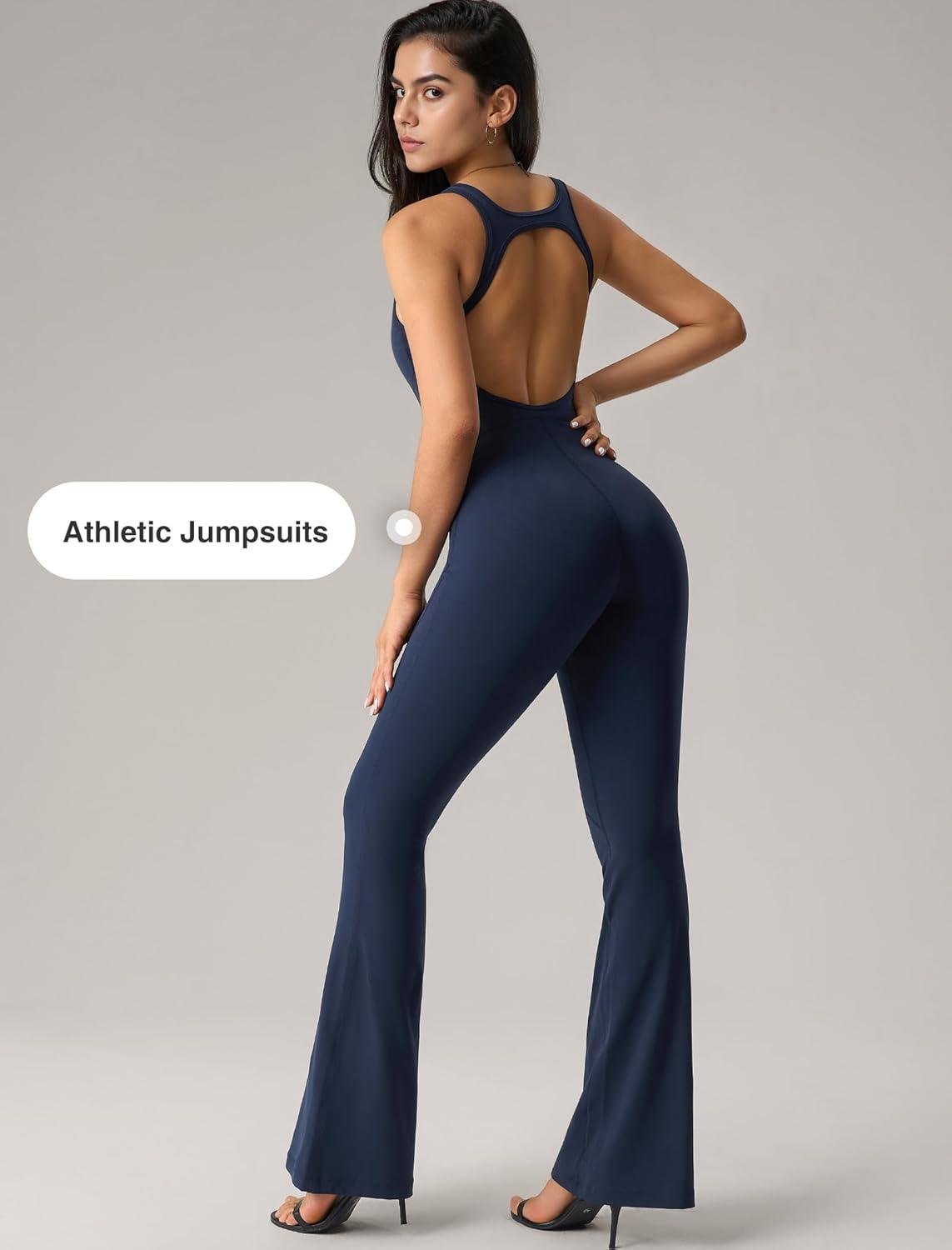Yvette Women’s Backless Jumpsuits Built in Bra Gym Workout Yoga Rompers Flare Leggings Bodycon Bodysuits(Blue)