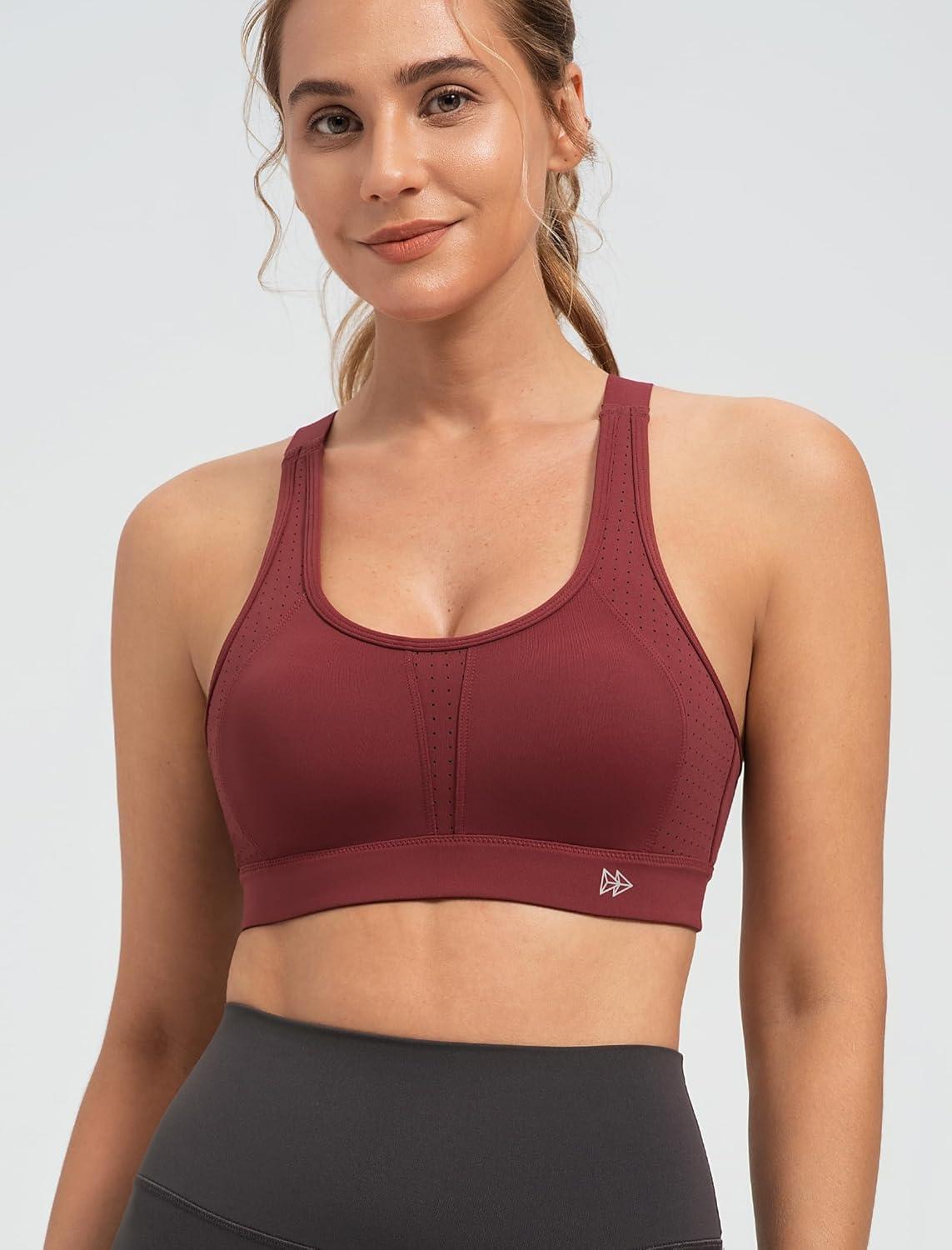 Yvette Supportive Sports Bra Adjustable Straps Plus Size Workout Running High Impact Sports Bras for Women Sewn in Pads(Burgundy)