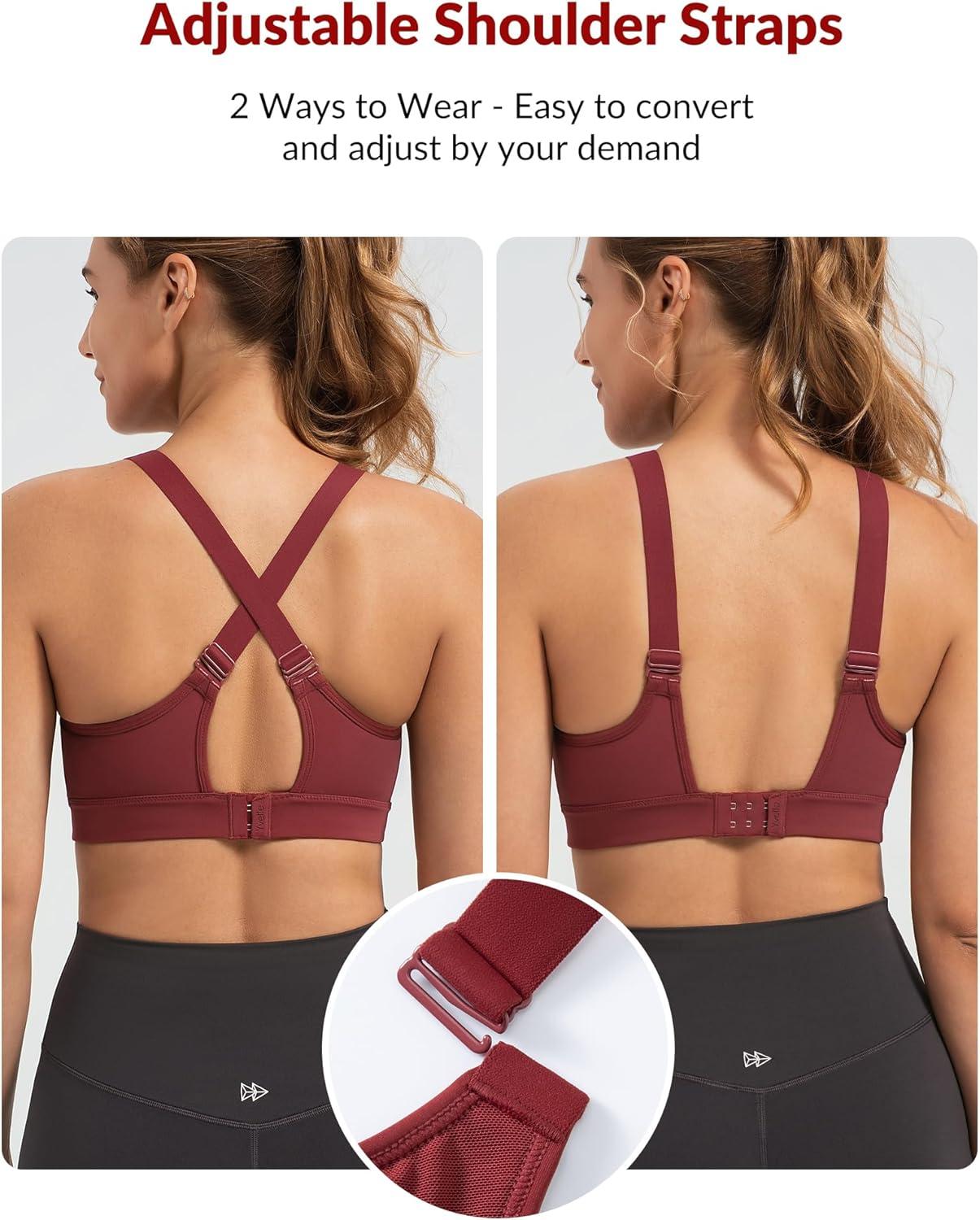 Yvette Supportive Sports Bra Adjustable Straps Plus Size Workout Running High Impact Sports Bras for Women Sewn in Pads(Burgundy)