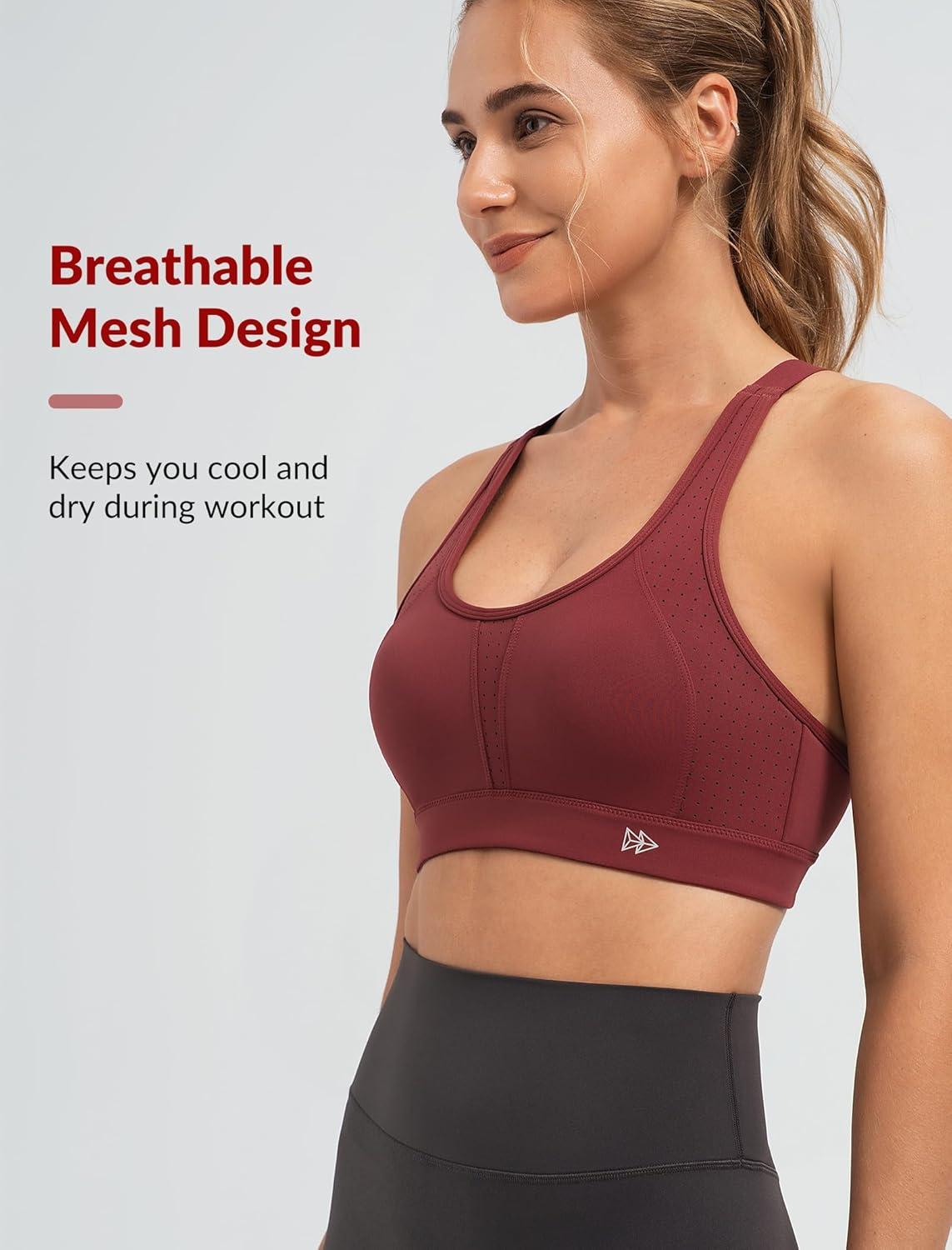 Yvette Supportive Sports Bra Adjustable Straps Plus Size Workout Running High Impact Sports Bras for Women Sewn in Pads(Burgundy)