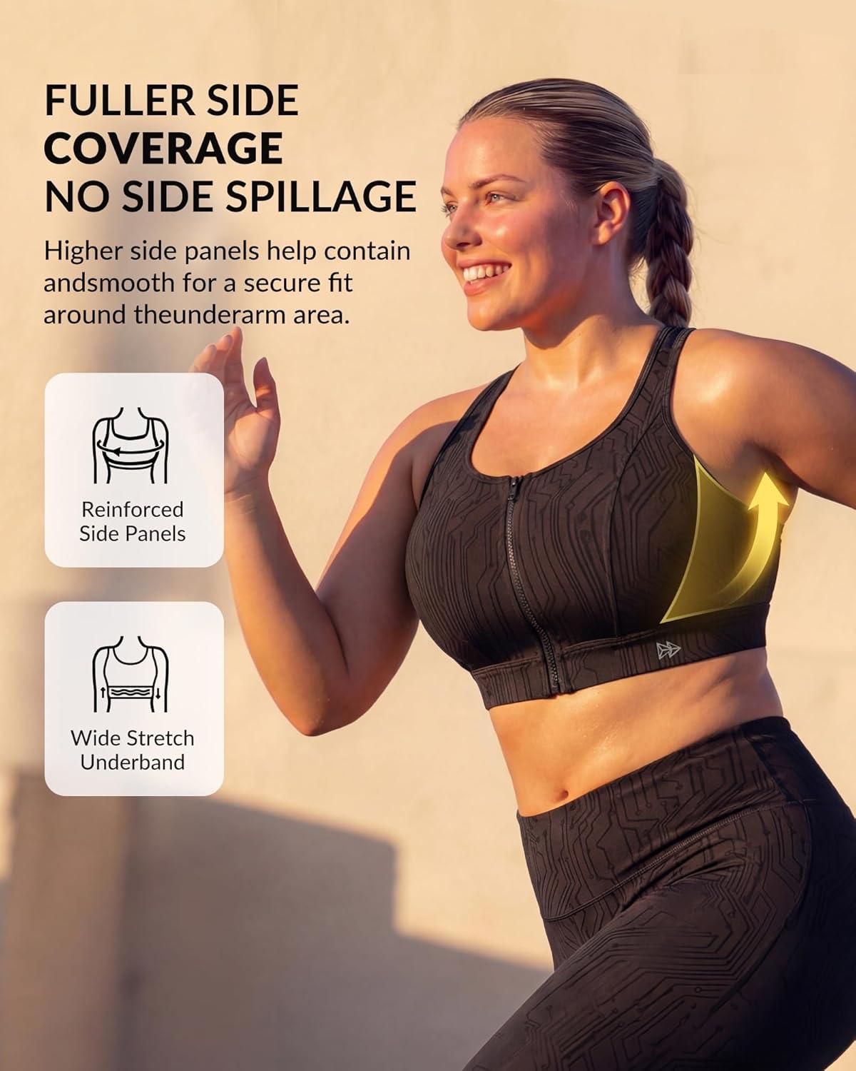 Yvette Front Zip Sports Bra for Women, High Support Full Coverage Workout Bra with Sewn-In Molded Cups, Wide Underband(Black)