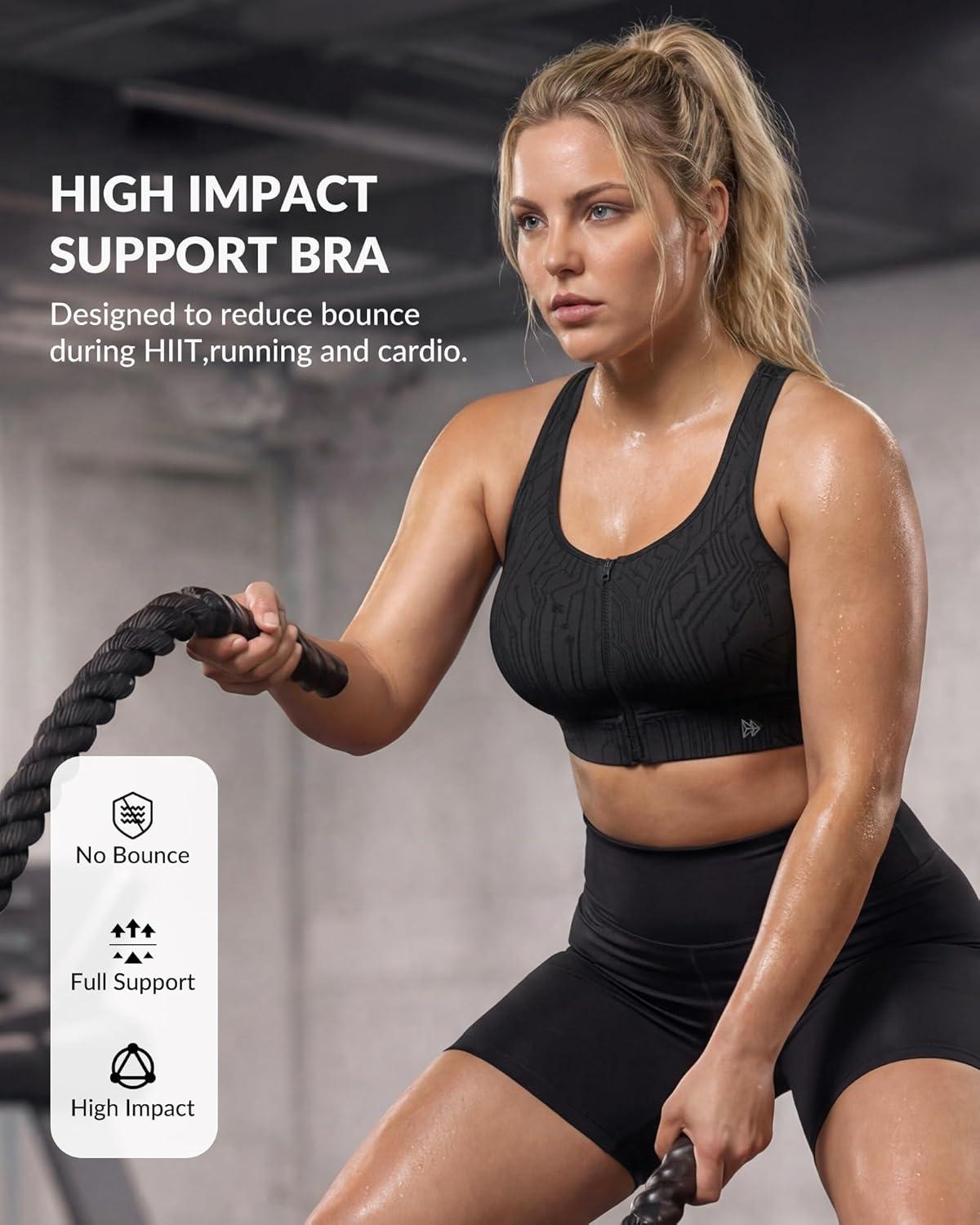 Yvette Front Zip Sports Bra for Women, High Support Full Coverage Workout Bra with Sewn-In Molded Cups, Wide Underband(Black)