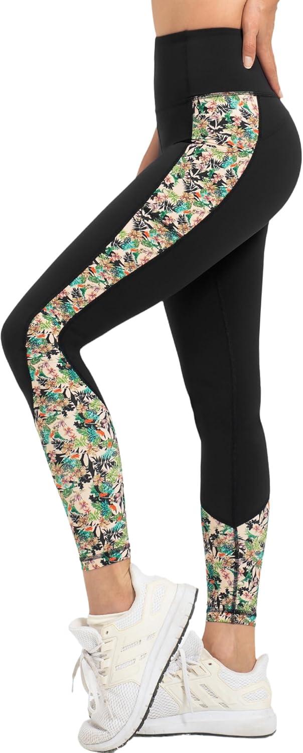 Yvette Women’s Workout Leggings with Pockets High Waisted Stretchy Printed Yoga Pants Non See-Through Tummy Control(White)