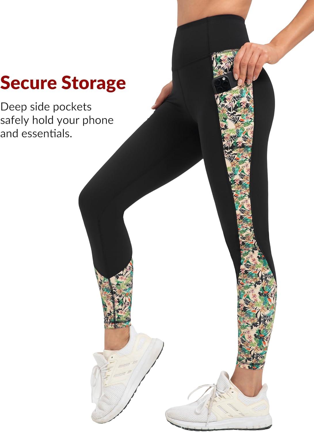 Yvette Women’s Workout Leggings with Pockets High Waisted Stretchy Printed Yoga Pants Non See-Through Tummy Control(White)