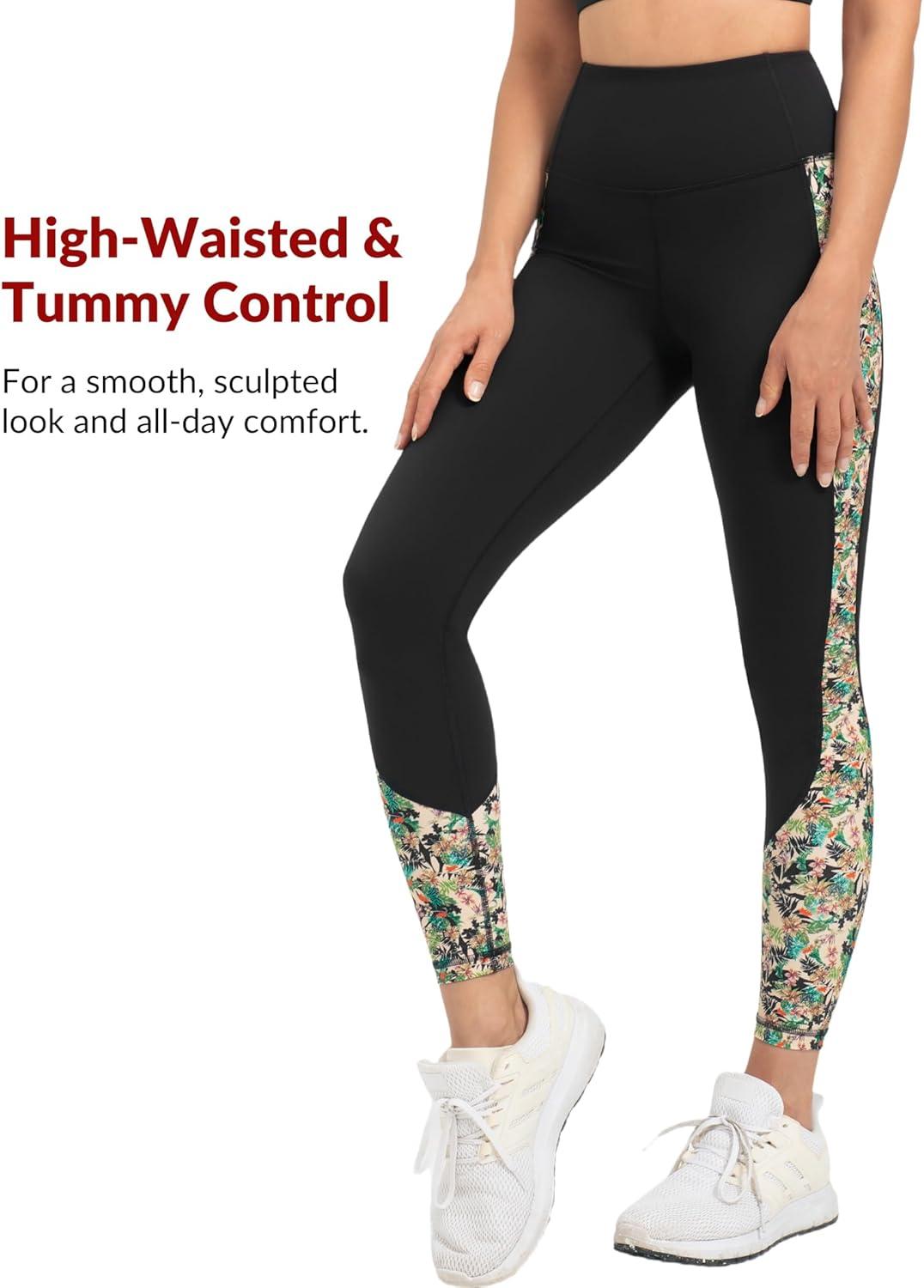 Yvette Women’s Workout Leggings with Pockets High Waisted Stretchy Printed Yoga Pants Non See-Through Tummy Control(White)