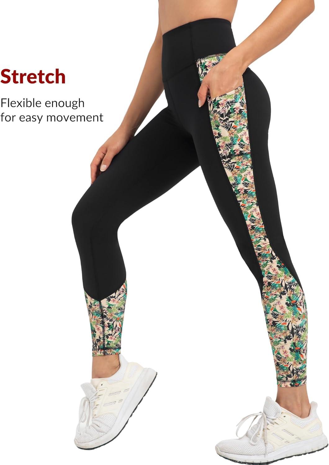 Yvette Women’s Workout Leggings with Pockets High Waisted Stretchy Printed Yoga Pants Non See-Through Tummy Control(White)