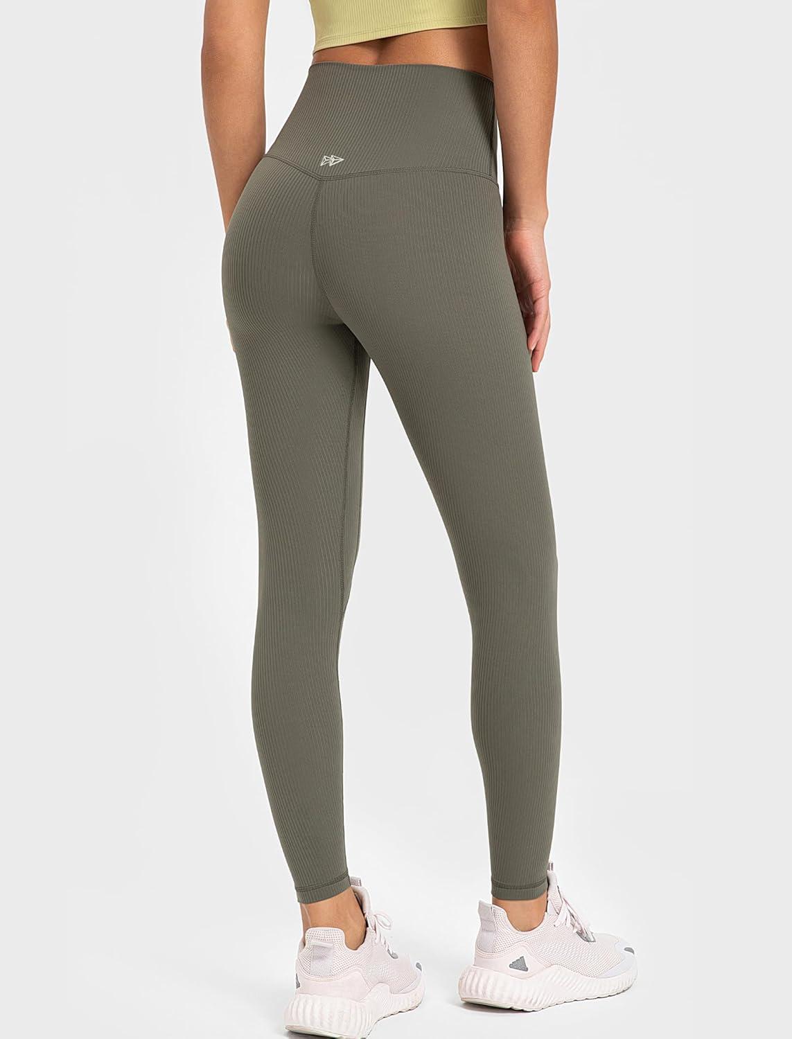 Yvette Tummy Control Workout Leggings for Women High Waisted Yoga Pants Rib Knit Non See-Through(Army Green)