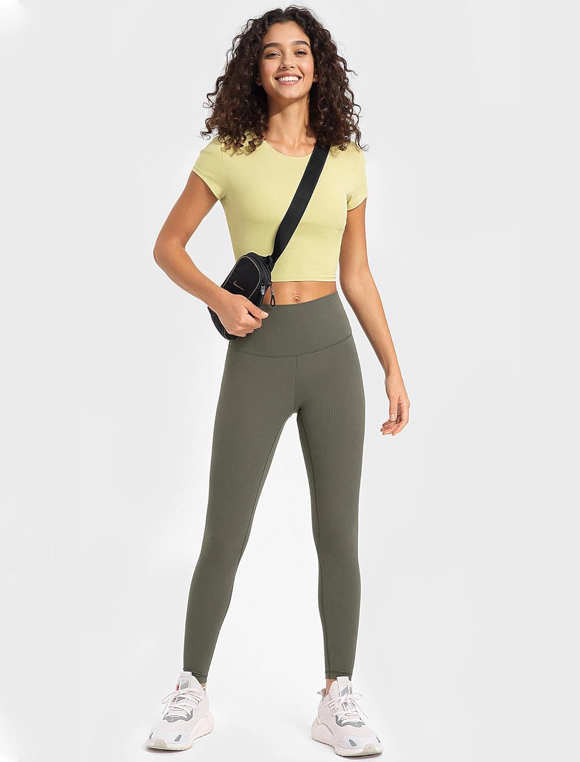 Yvette Tummy Control Workout Leggings for Women High Waisted Yoga Pants Rib Knit Non See-Through(Army Green)