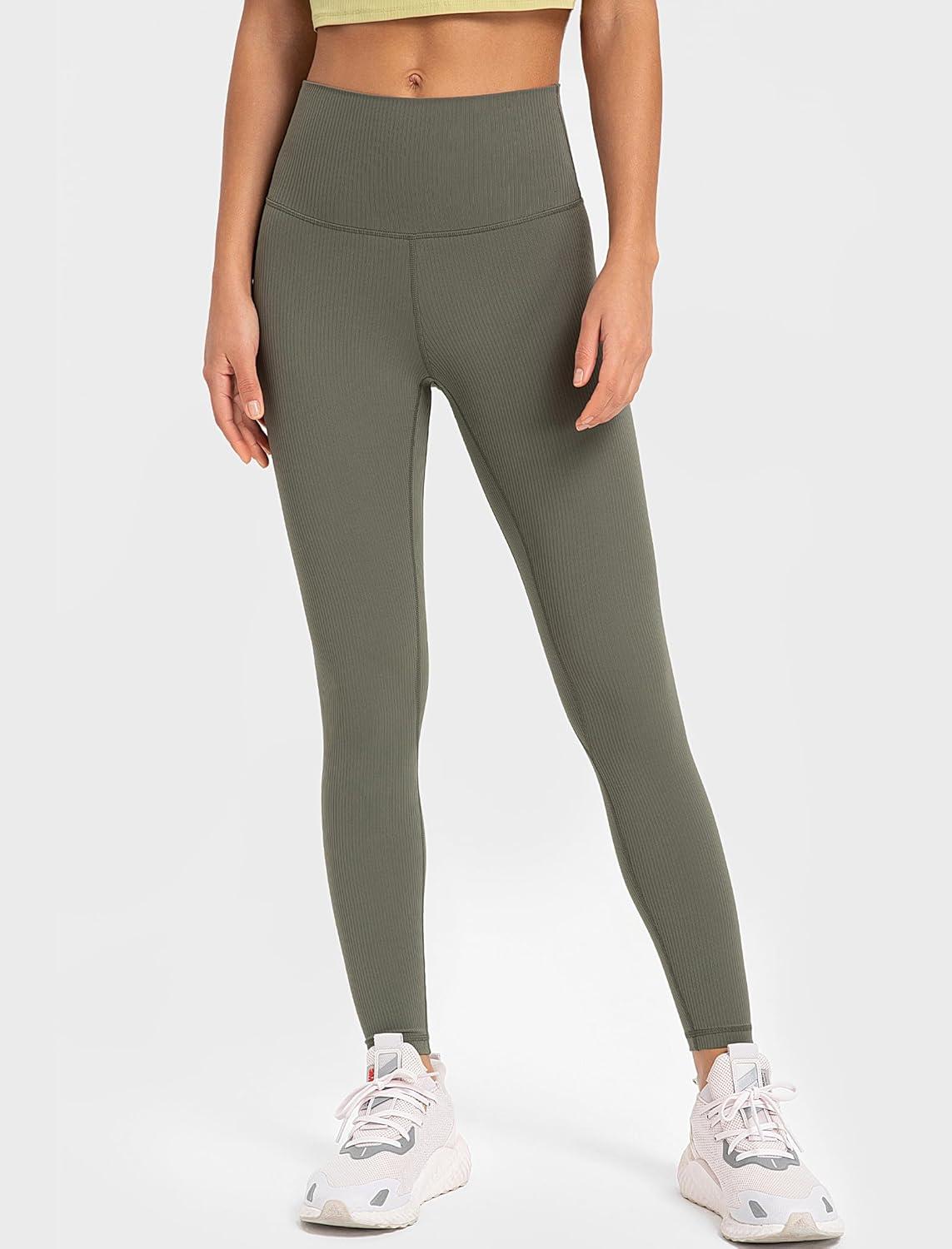 Yvette Tummy Control Workout Leggings for Women High Waisted Yoga Pants Rib Knit Non See-Through(Army Green)