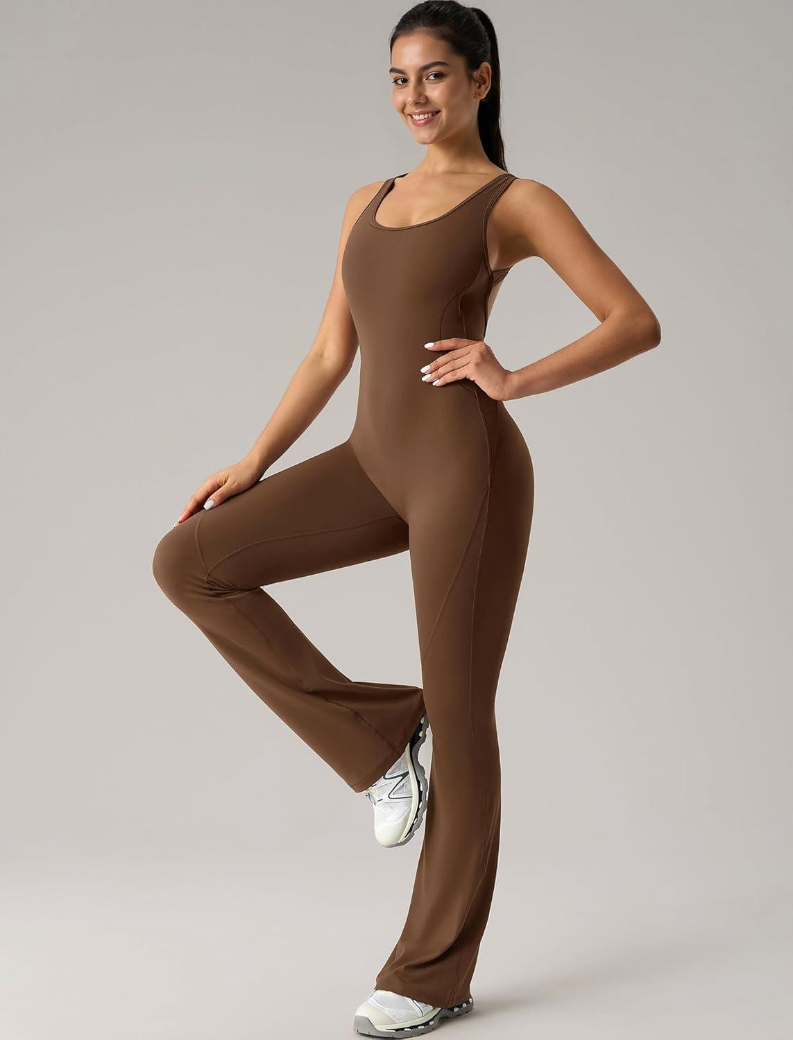 Yvette Women’s Backless Jumpsuits Built in Bra Gym Workout Yoga Rompers Flare Leggings Bodycon Bodysuits(Coffee)