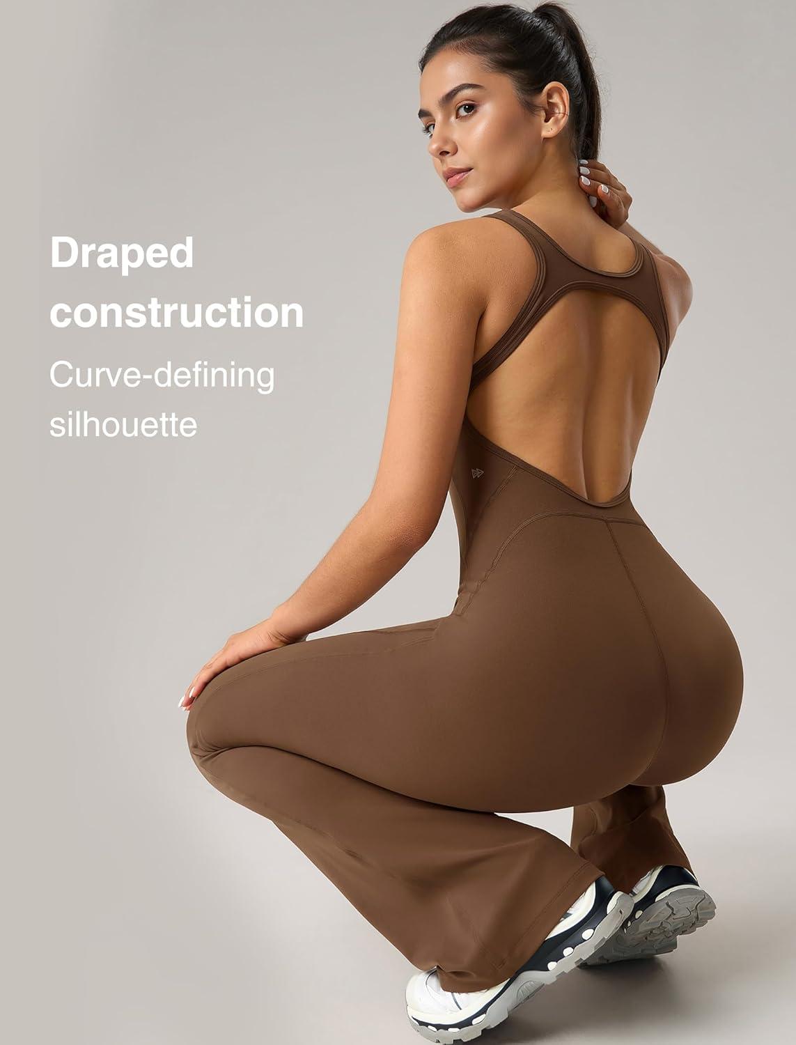 Yvette Women’s Backless Jumpsuits Built in Bra Gym Workout Yoga Rompers Flare Leggings Bodycon Bodysuits(Coffee)
