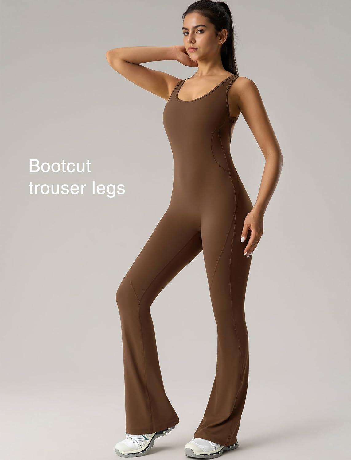 Yvette Women’s Backless Jumpsuits Built in Bra Gym Workout Yoga Rompers Flare Leggings Bodycon Bodysuits(Coffee)