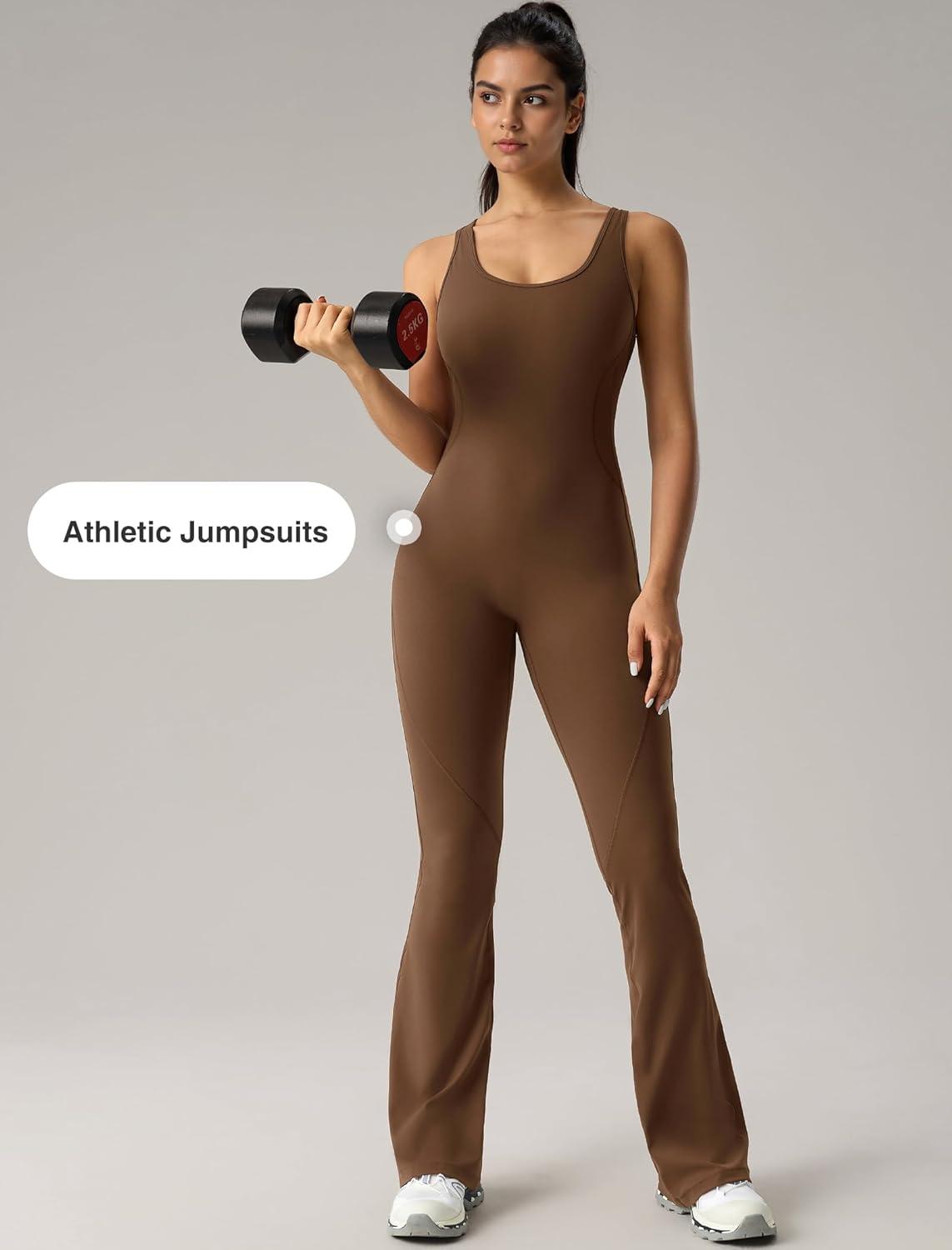 Yvette Women’s Backless Jumpsuits Built in Bra Gym Workout Yoga Rompers Flare Leggings Bodycon Bodysuits(Coffee)