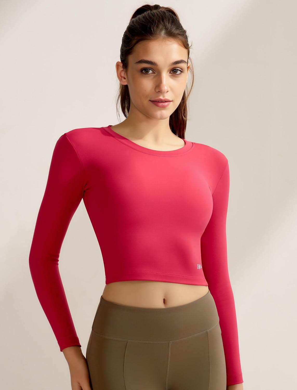 Yvette Womens Backless Long Sleeve Crop Tops Slim Fit Shirts for Yoga(Red)