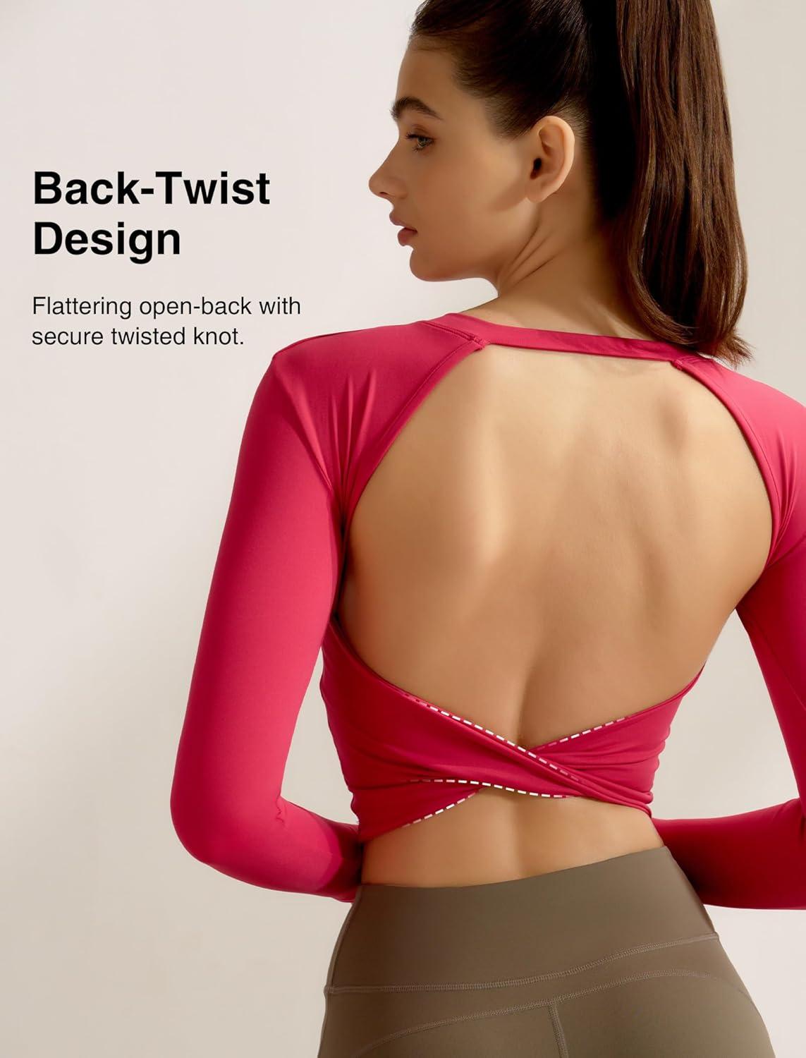 Yvette Womens Backless Long Sleeve Crop Tops Slim Fit Shirts for Yoga(Red)