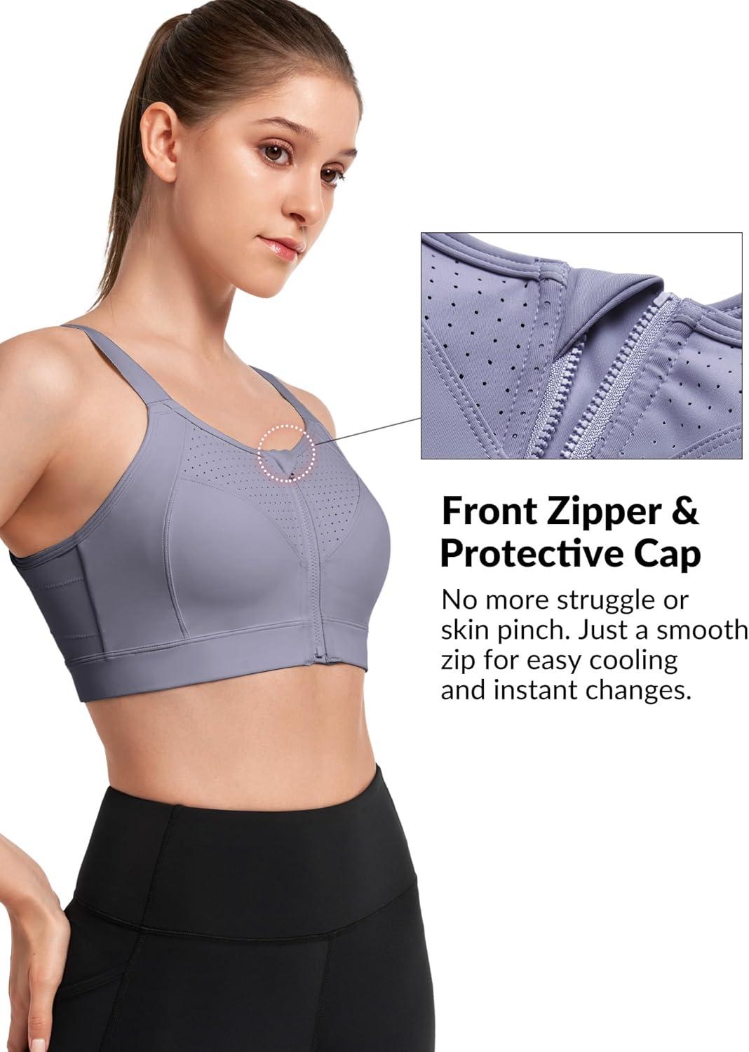 Yvette Adjustable Sports Bras for Women High Impact Support – Zip Front Sports Bra Plus Size Wireless for Running Workout(Light Purple)