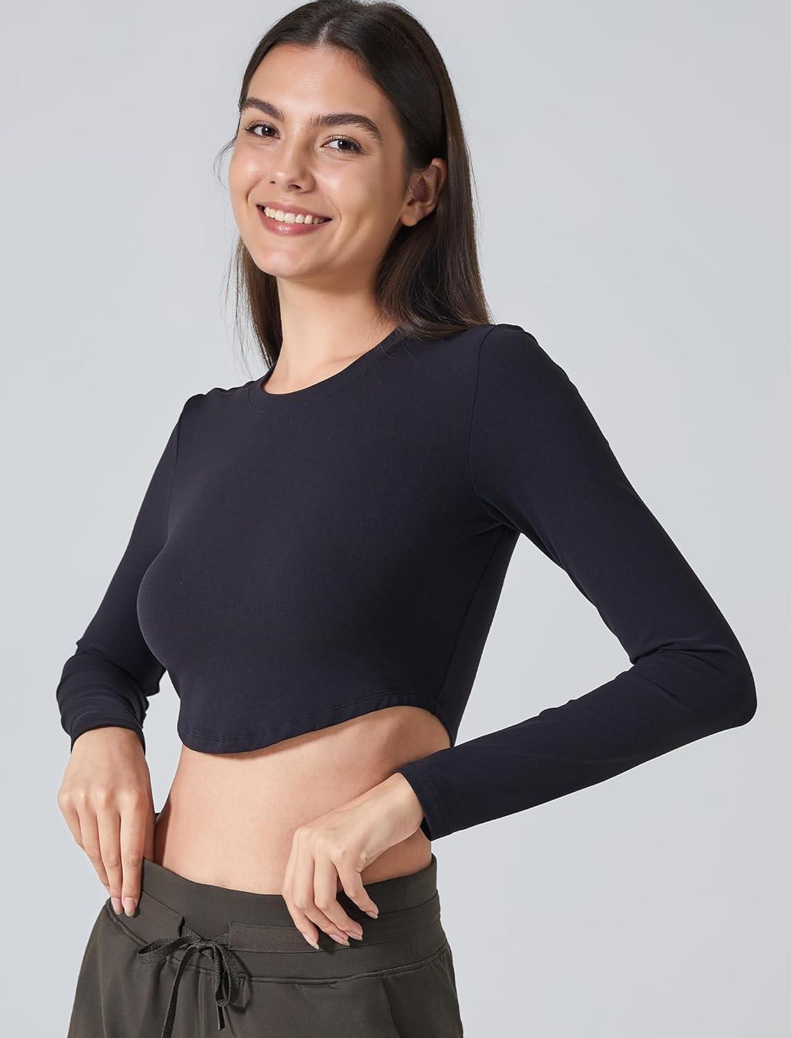 Yvette Women’s Workout Athletic T-Shirts Long Sleeve Running Basic Tee Top Gym Casual Cropped Shirts(Black)