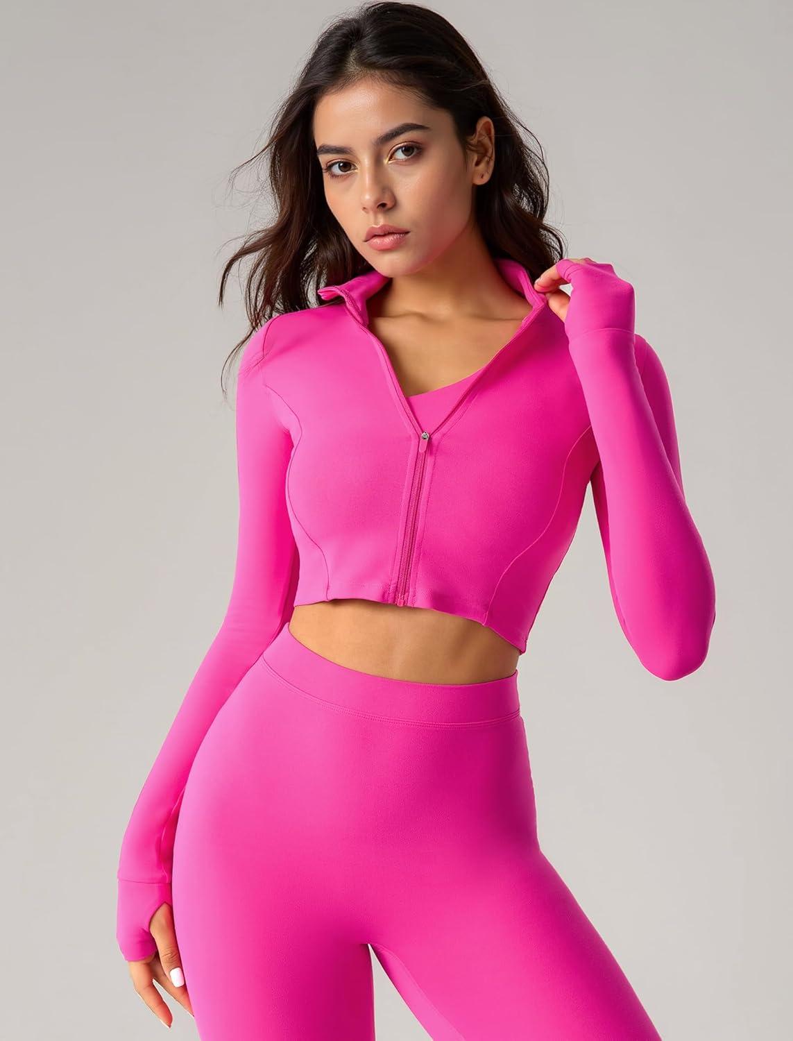 Yvette Women’s Athletic Full Zip Workout Jacket with Thumb Holes Running Yoga Slim Fit Cropped Jacket(Rose Red)