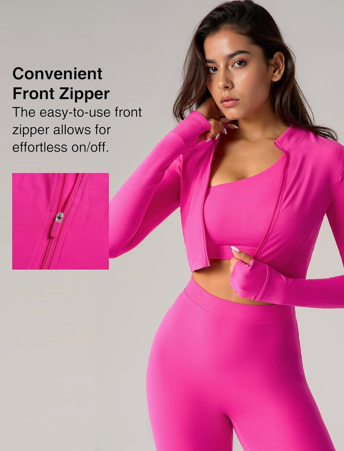 Yvette Women’s Athletic Full Zip Workout Jacket with Thumb Holes Running Yoga Slim Fit Cropped Jacket(Rose Red)