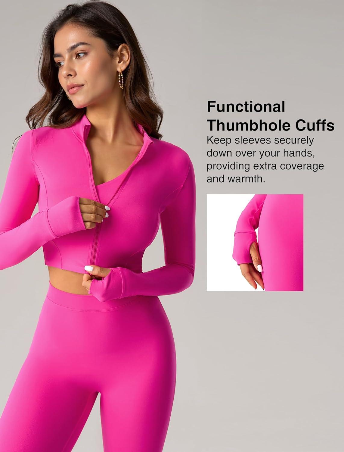 Yvette Women’s Athletic Full Zip Workout Jacket with Thumb Holes Running Yoga Slim Fit Cropped Jacket(Rose Red)