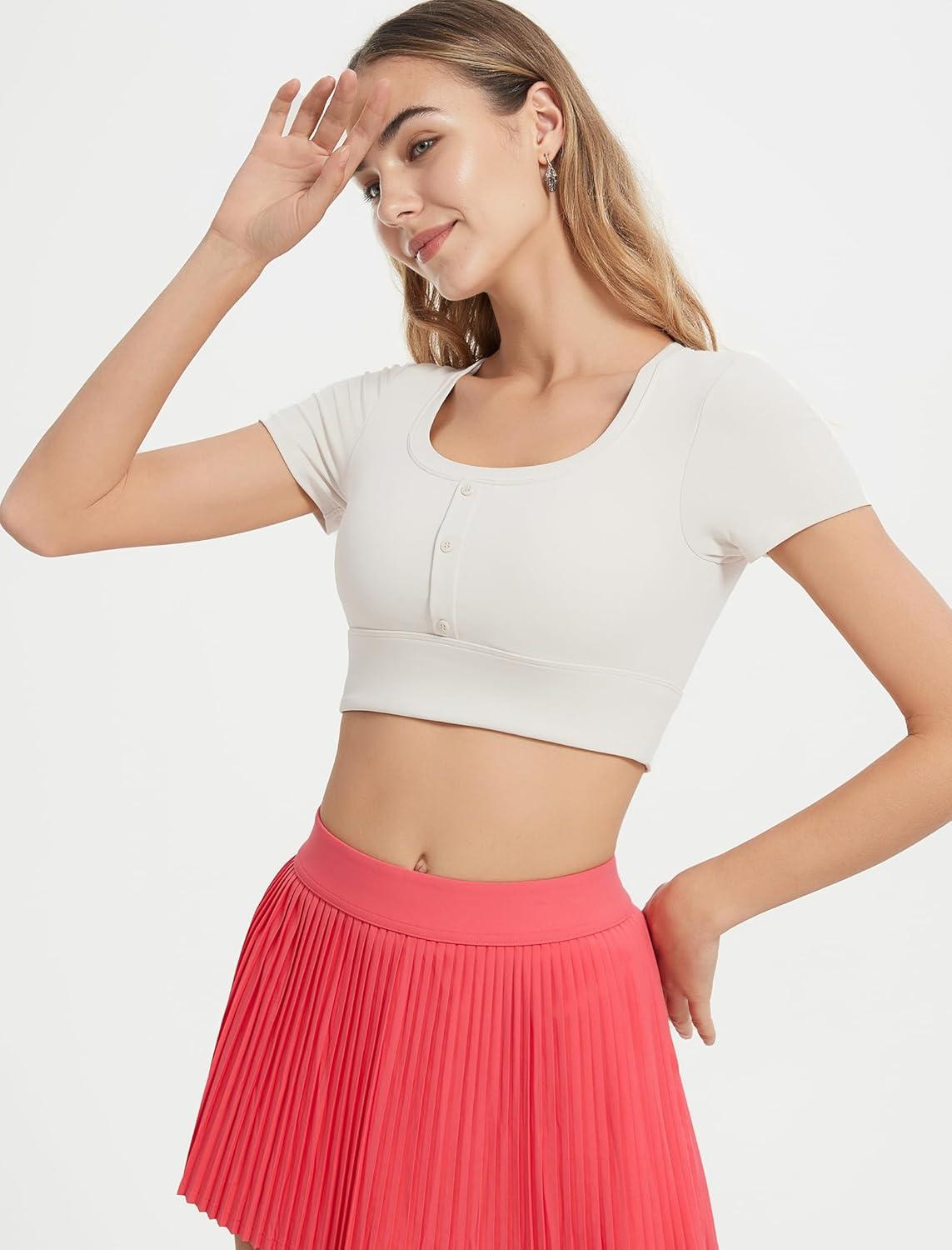 Yvette Womens Cropped Top Short Sleeve Breathable T-Shirts Athletic Tee Tank Tops(Off-white)