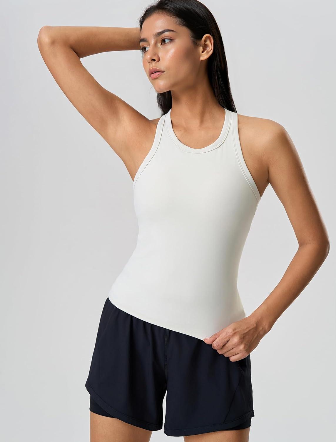 Yvette Workout Tank Top with Built-in Bra for Women Padded Racerback Athletic Shirts Breathable Camisole Gym Yoga(White)