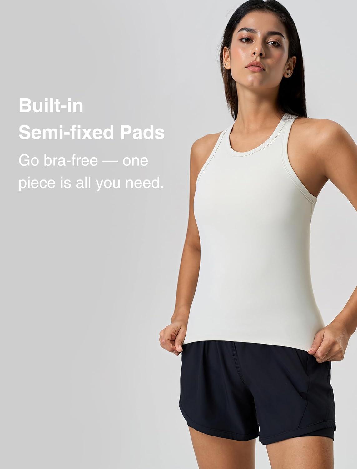 Yvette Workout Tank Top with Built-in Bra for Women Padded Racerback Athletic Shirts Breathable Camisole Gym Yoga(White)