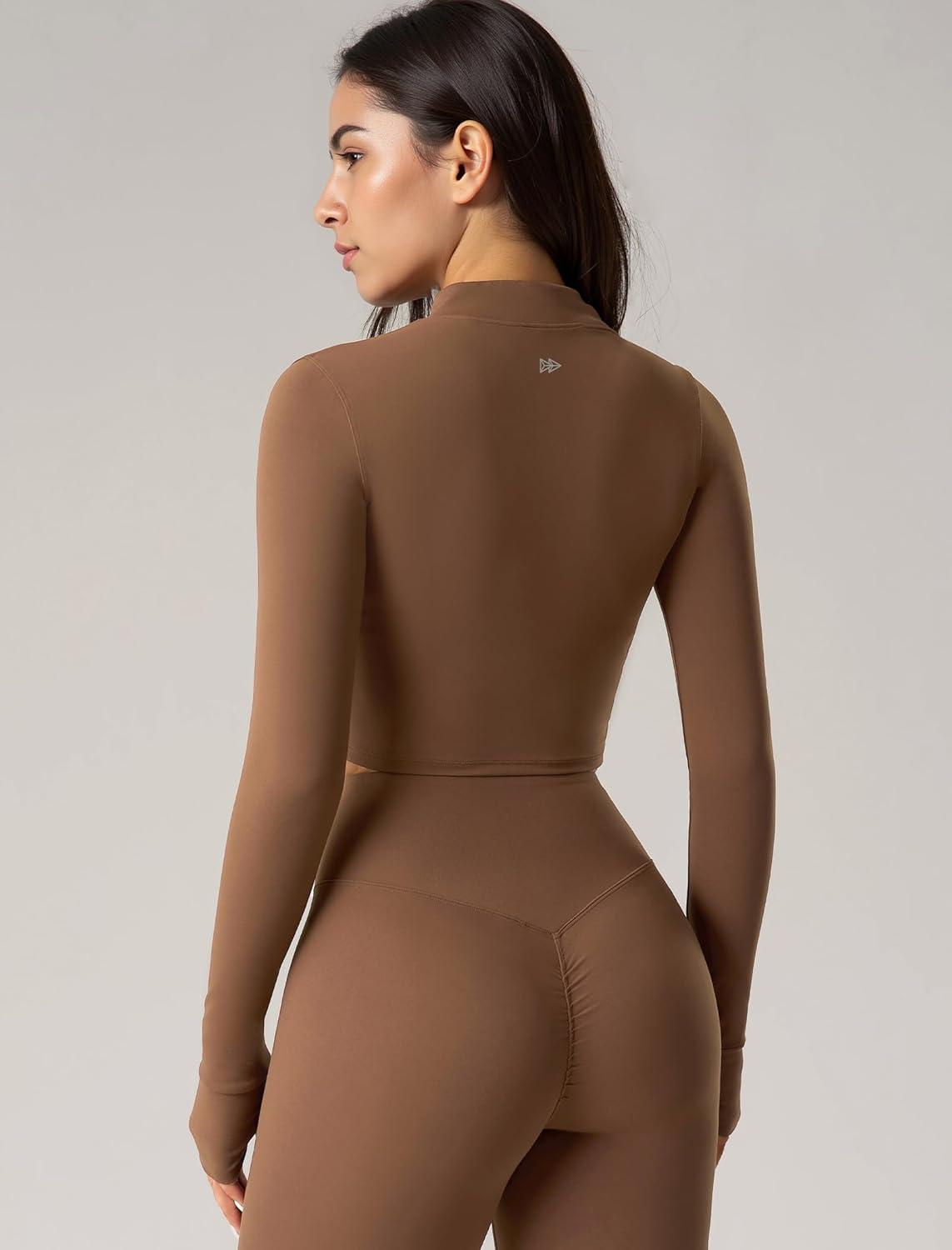 Yvette Women’s Athletic Full Zip Workout Jacket with Thumb Holes Running Yoga Slim Fit Cropped Jacket(Brown)