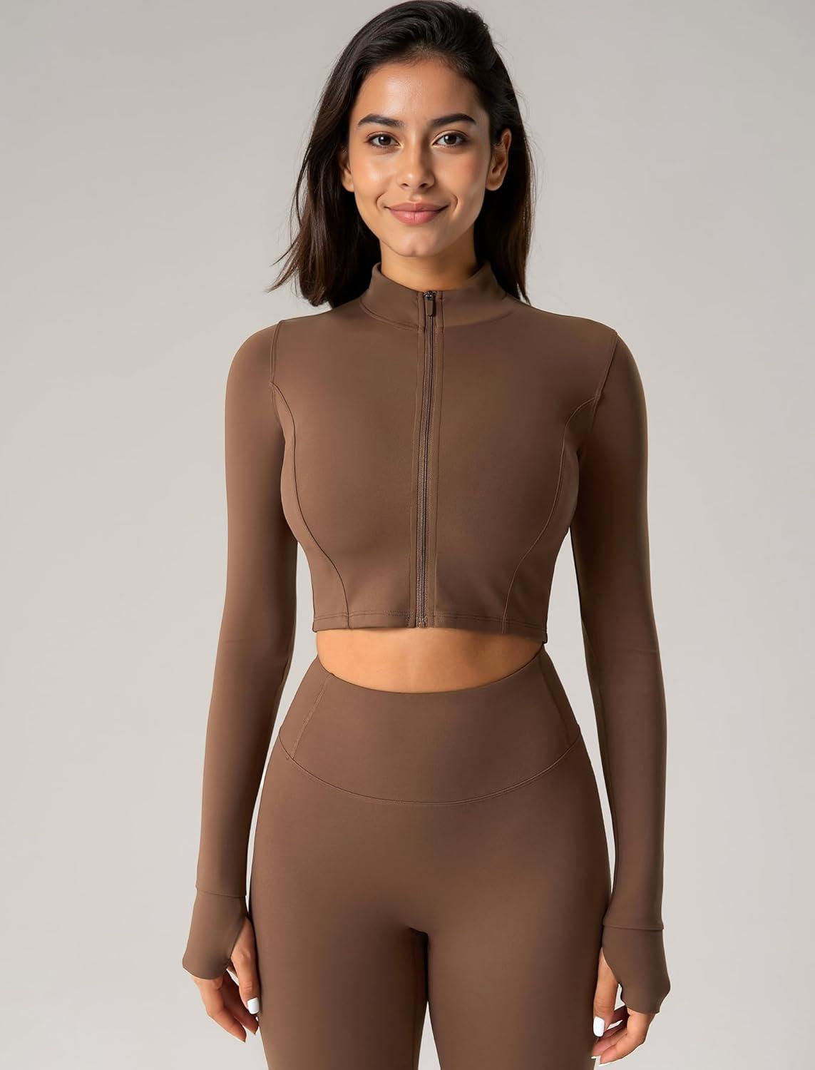 Yvette Women’s Athletic Full Zip Workout Jacket with Thumb Holes Running Yoga Slim Fit Cropped Jacket(Brown)