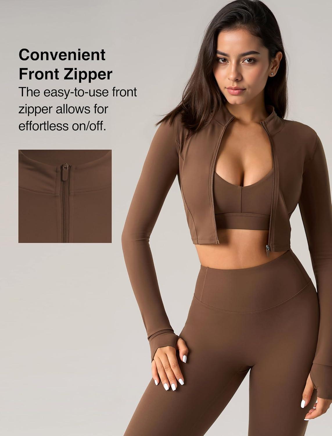 Yvette Women’s Athletic Full Zip Workout Jacket with Thumb Holes Running Yoga Slim Fit Cropped Jacket(Brown)