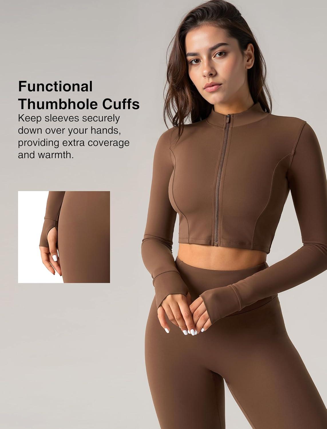Yvette Women’s Athletic Full Zip Workout Jacket with Thumb Holes Running Yoga Slim Fit Cropped Jacket(Brown)