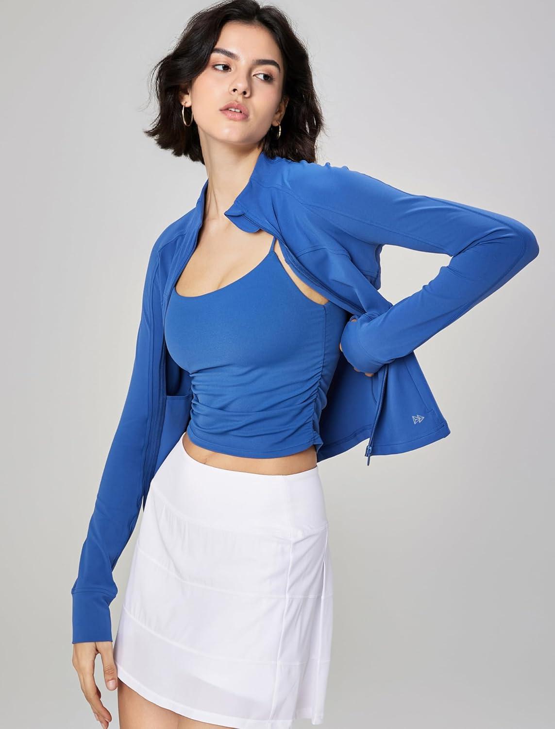Yvette Women’s Athletic Full Zip Lightweight Workout Jackets with Thumb Holes Gym Shirts Running Clothes with Pocket(Blue)
