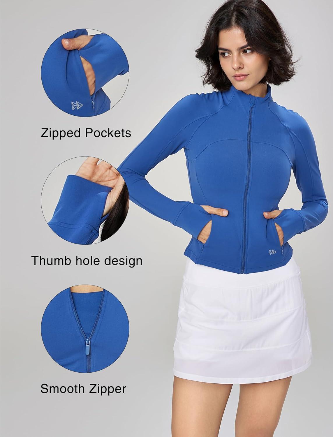Yvette Women’s Athletic Full Zip Lightweight Workout Jackets with Thumb Holes Gym Shirts Running Clothes with Pocket(Blue)