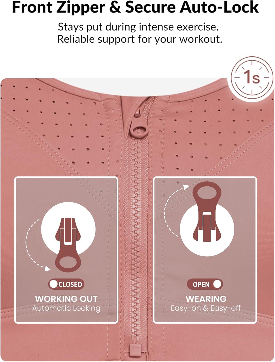 Yvette Adjustable Sports Bras for Women High Impact Support – Zip Front Sports Bra Plus Size Wireless for Running Workout(Rose Red)