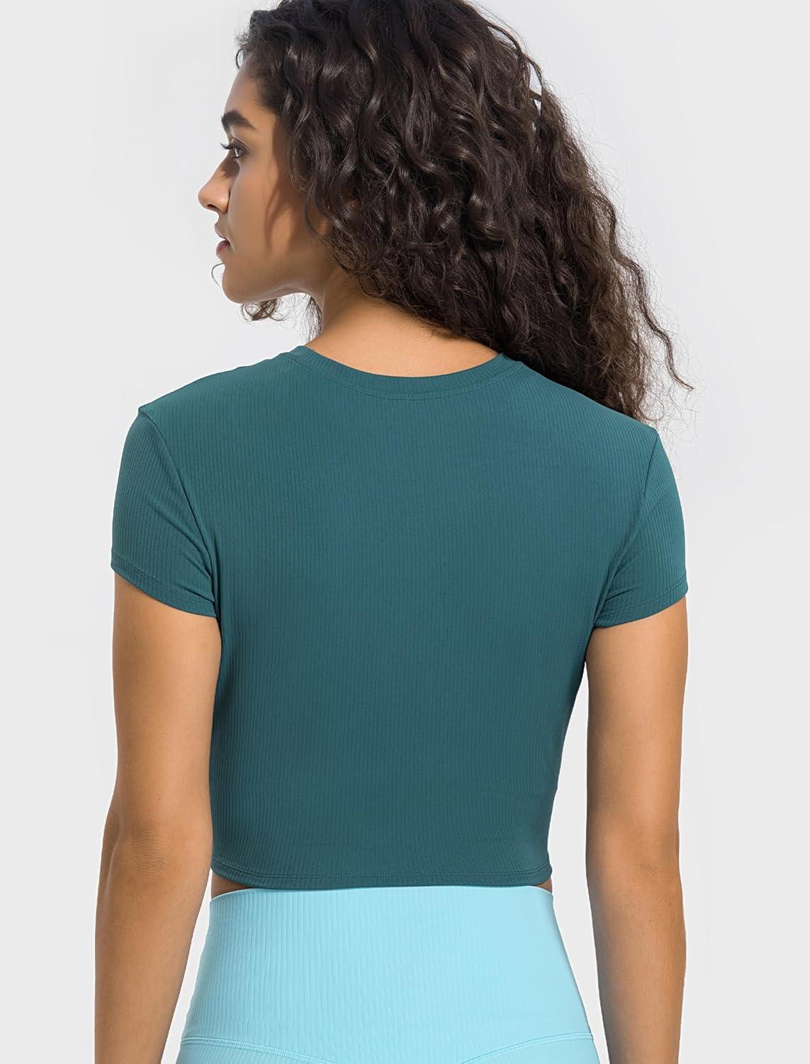 Yvette Women’s Athletic T-Shirts Workout Crop Top Short Sleeve Running Basic Tee Gym Casual Cropped Shirts(Green)