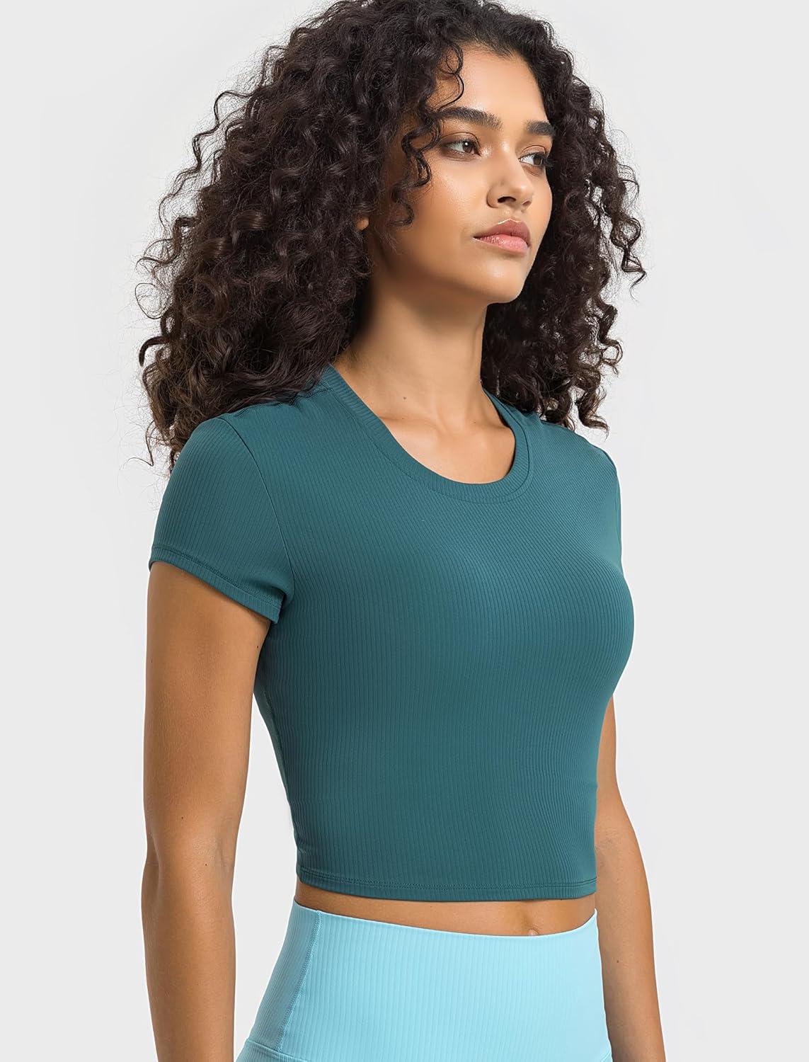 Yvette Women’s Athletic T-Shirts Workout Crop Top Short Sleeve Running Basic Tee Gym Casual Cropped Shirts(Green)