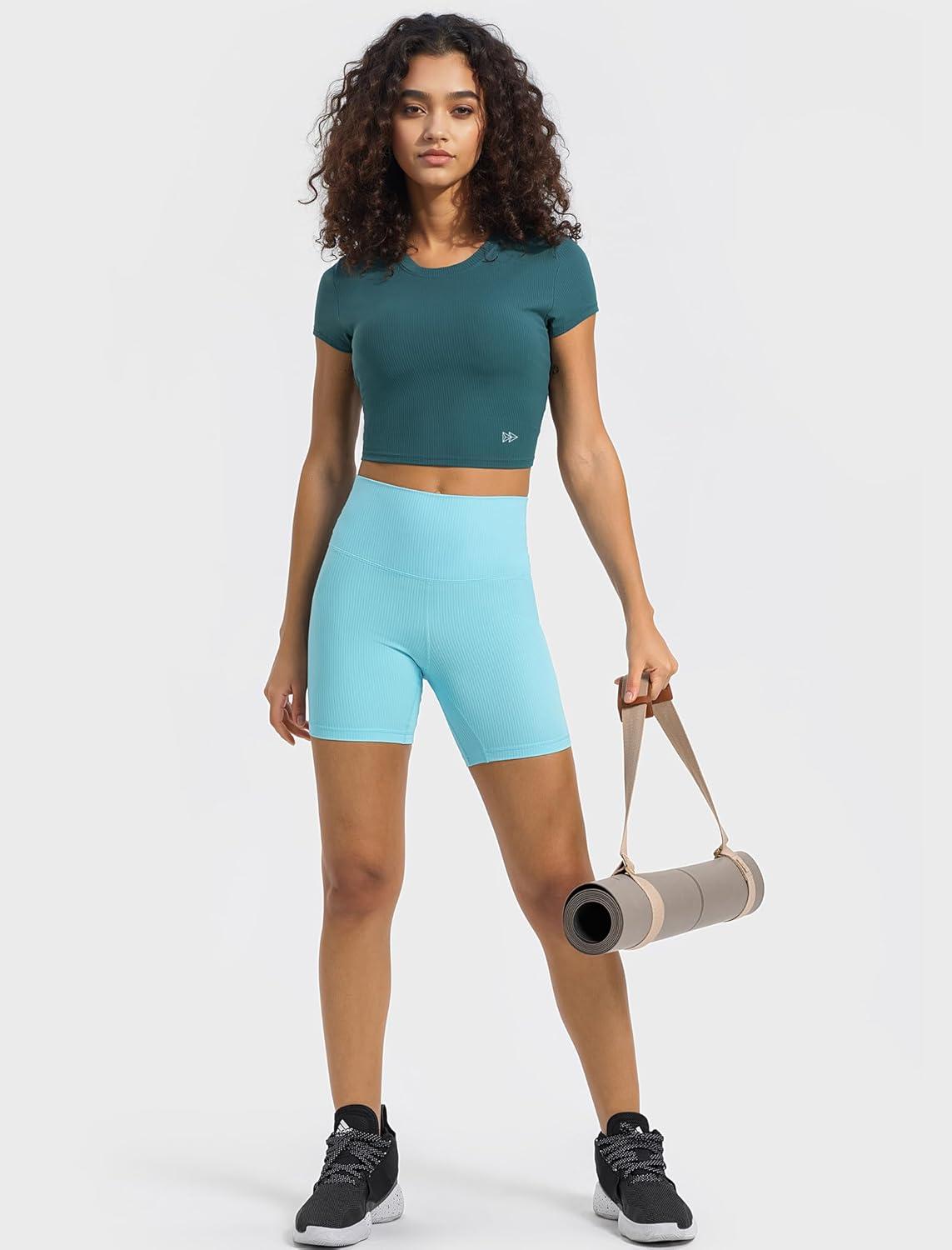 Yvette Women’s Athletic T-Shirts Workout Crop Top Short Sleeve Running Basic Tee Gym Casual Cropped Shirts(Green)