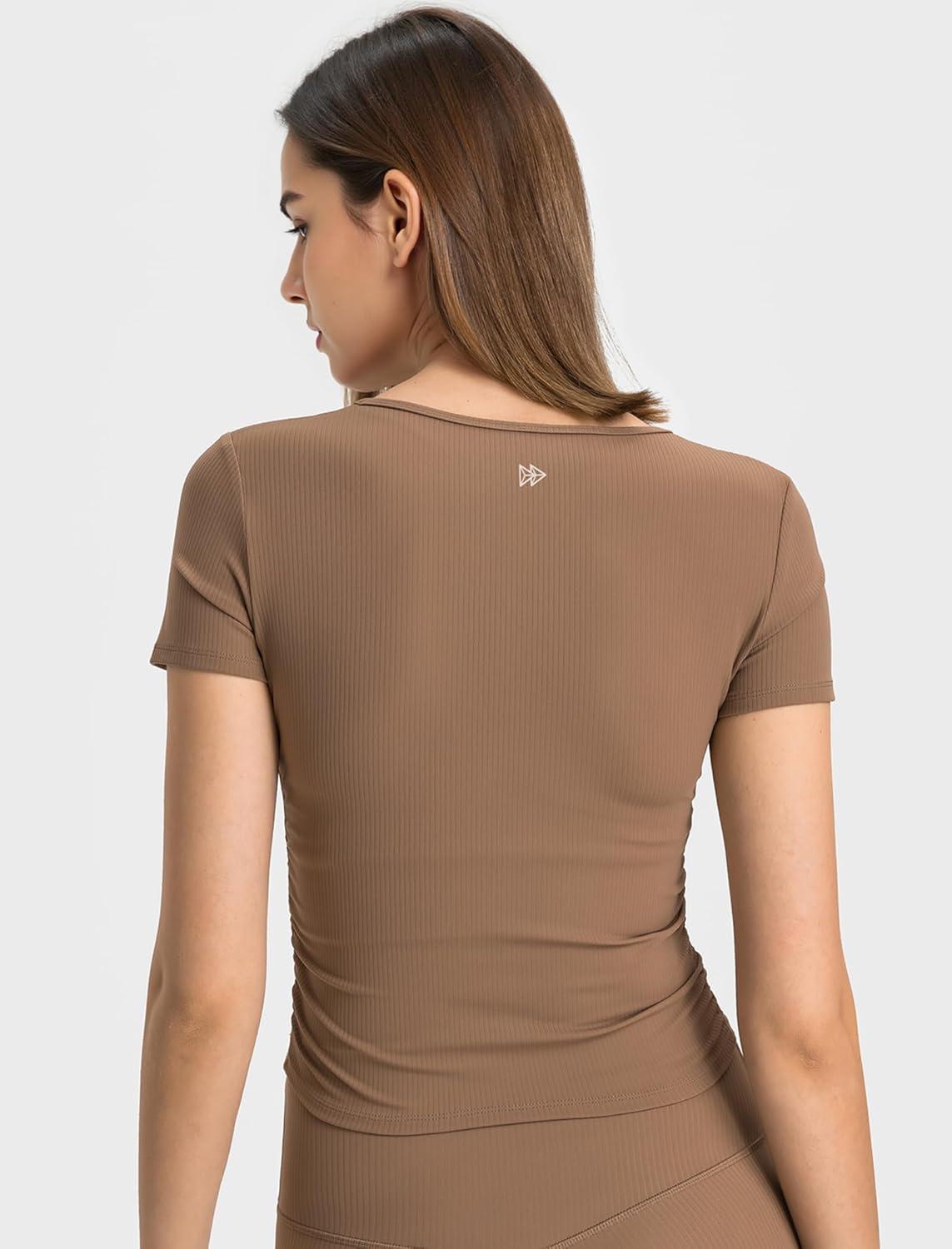 Yvette Women’s Short Sleeve Crop Tops Slim Fit Breathable Cropped Athletic Shirts Gym Casual Workout Basic Tee(Brown)