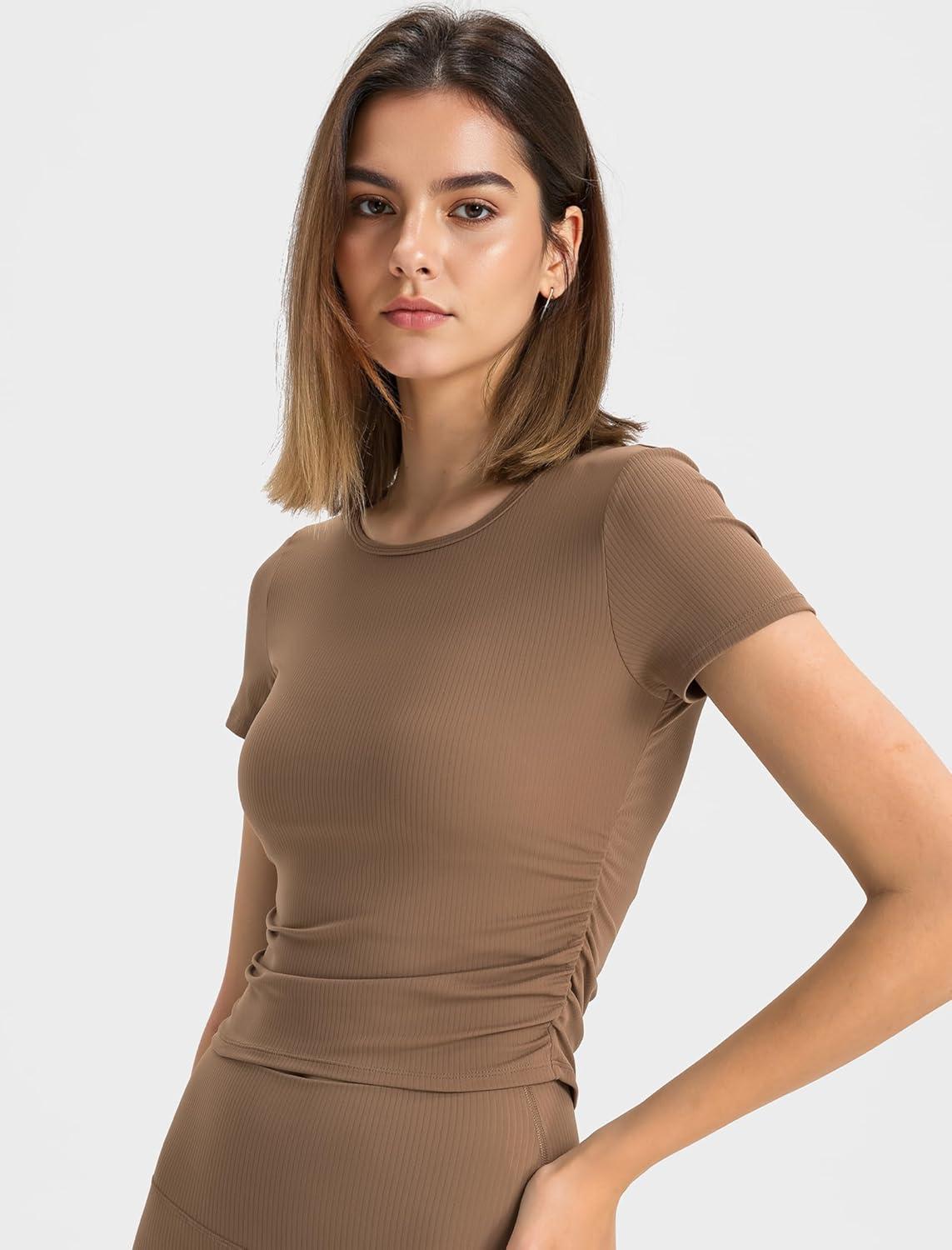 Yvette Women’s Short Sleeve Crop Tops Slim Fit Breathable Cropped Athletic Shirts Gym Casual Workout Basic Tee(Brown)
