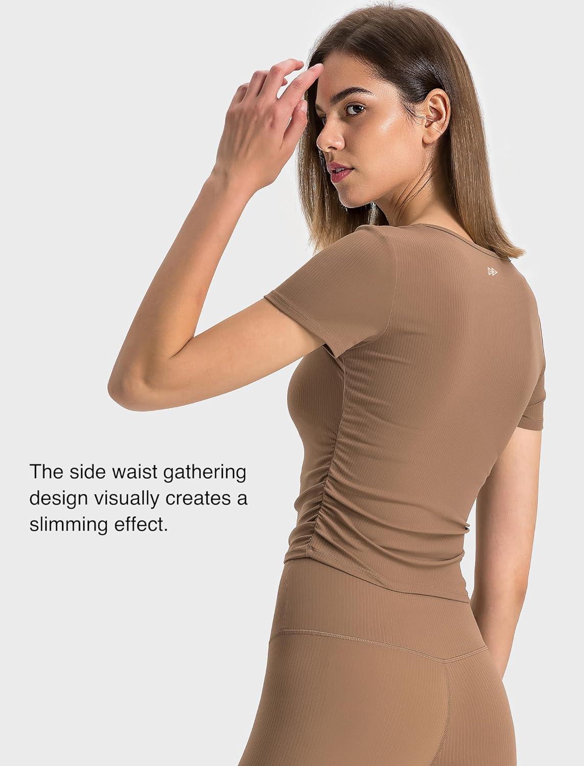 Yvette Women’s Short Sleeve Crop Tops Slim Fit Breathable Cropped Athletic Shirts Gym Casual Workout Basic Tee(Brown)