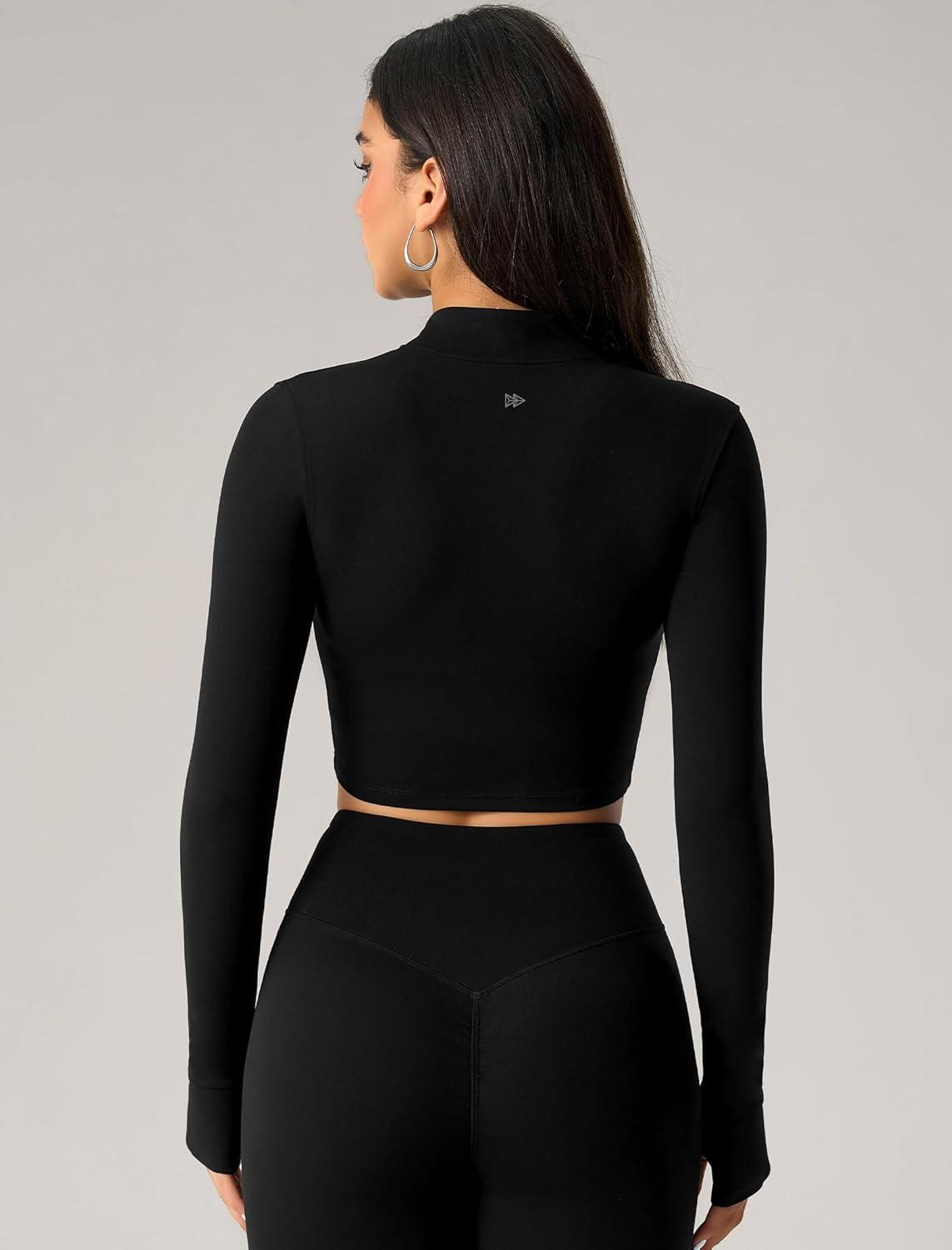 Yvette Women’s Athletic Full Zip Workout Jacket with Thumb Holes Running Yoga Slim Fit Cropped Jacket(Black)