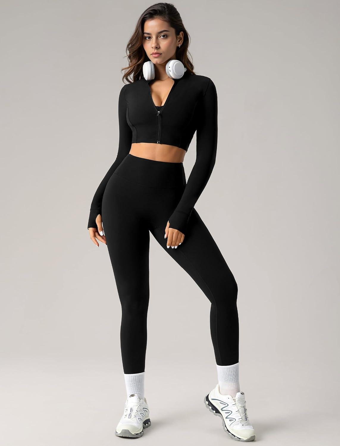 Yvette Women’s Athletic Full Zip Workout Jacket with Thumb Holes Running Yoga Slim Fit Cropped Jacket(Black)