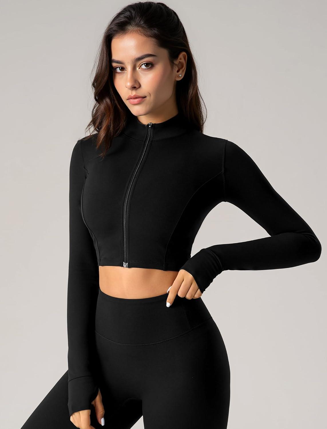 Yvette Women’s Athletic Full Zip Workout Jacket with Thumb Holes Running Yoga Slim Fit Cropped Jacket(Black)