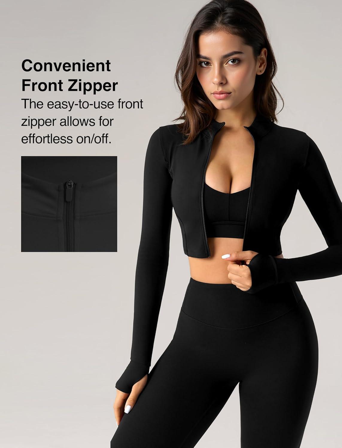 Yvette Women’s Athletic Full Zip Workout Jacket with Thumb Holes Running Yoga Slim Fit Cropped Jacket(Black)