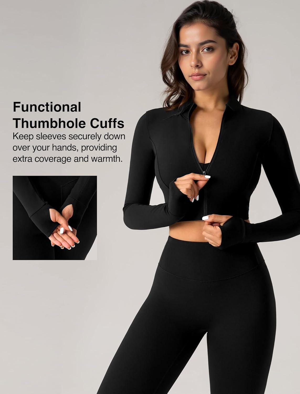 Yvette Women’s Athletic Full Zip Workout Jacket with Thumb Holes Running Yoga Slim Fit Cropped Jacket(Black)
