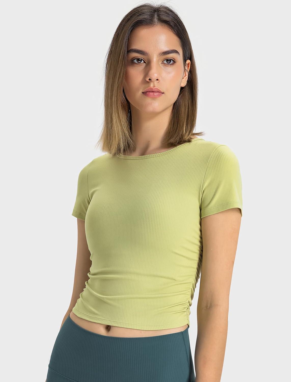 Yvette Women’s Short Sleeve Crop Tops Slim Fit Breathable Cropped Athletic Shirts Gym Casual Workout Basic Tee(Green)