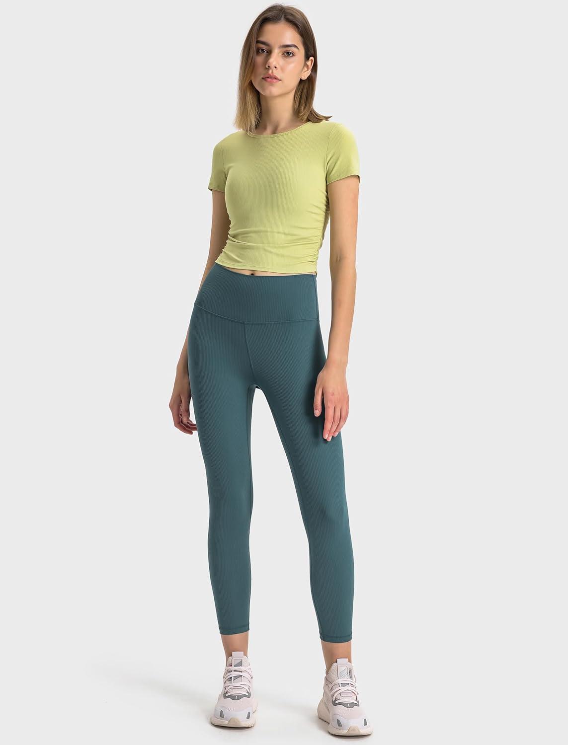 Yvette Women’s Short Sleeve Crop Tops Slim Fit Breathable Cropped Athletic Shirts Gym Casual Workout Basic Tee(Green)